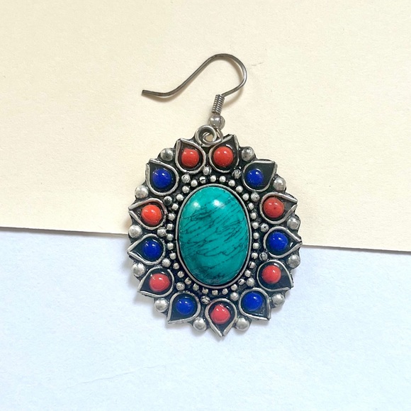 (pendant) 1980s vintage boho necklace pendant red, blue, green, &turquoise stone - Picture 2 of 10